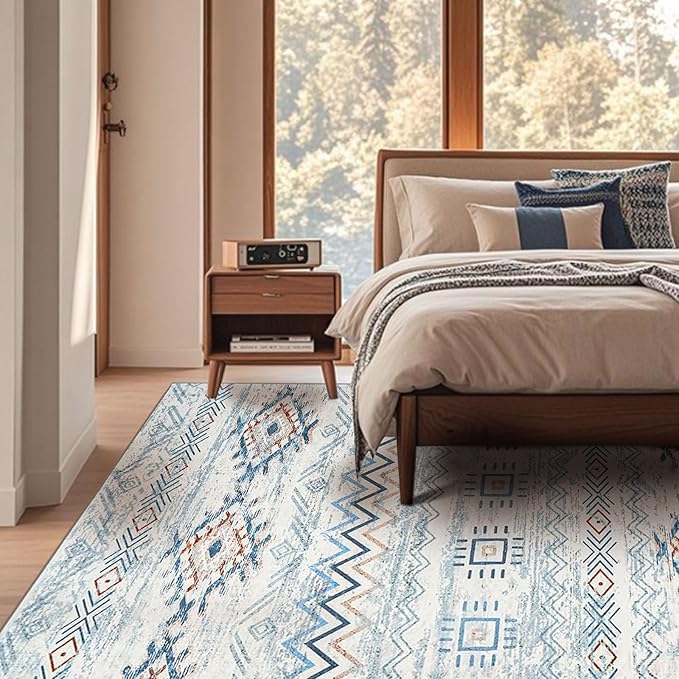 Area Rug Living Room Rugs Large Soft Boho Farmhouse Indoor Floor Rug (Blue, 8'x10')