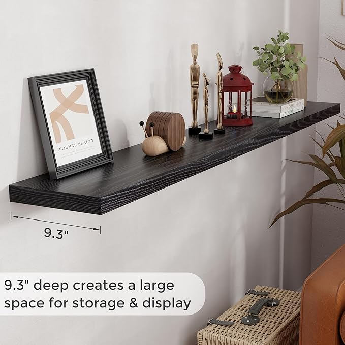 Black Floating Shelves 72 Inch Long, 9.3" Deep Shelves Wall Mounted, 72"x9.3" Fireplace Mantel, Deep Storage Shelves for Home & Office, Rustic Large TV Stand - 9.3" D x 72" W x 1.5" H, 1 Pack