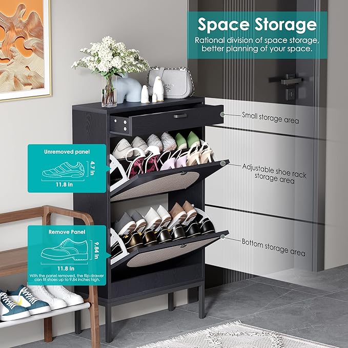 Yechen Shoe Rack Storage Organizer with 2 Natural Semi-Circular Rattan Doors, Entryway Wooden Shoe Cabinet for Sneakers, Leather Shoes,Heels (2 Piece, Black)