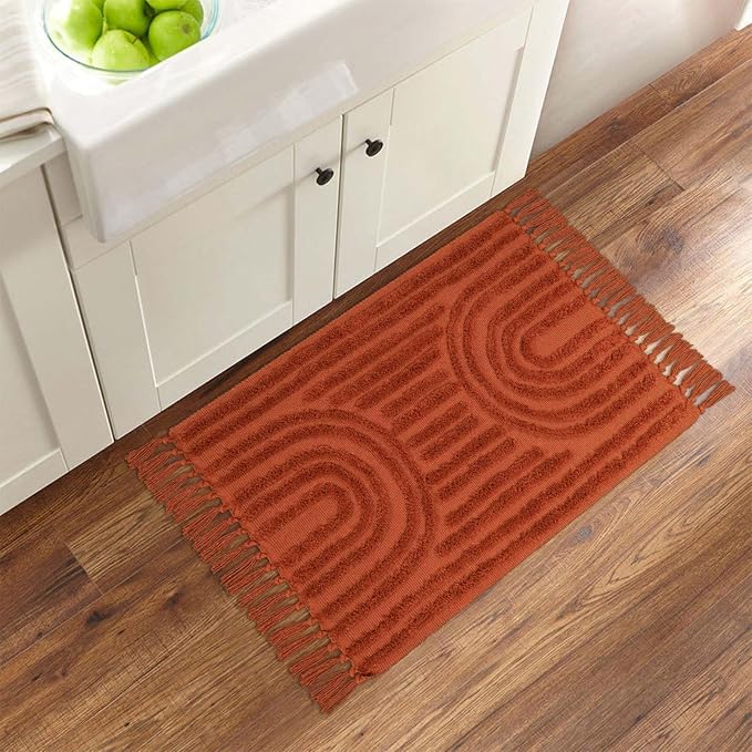 LEEVNA Washable Bathroom Rugs 2'x3', Hand-Woven Kitchen Rug with Tessal, Terracotta Bedroom Throw Rugs, Boho Tufted Rainbow Rugs, Farmhouse Indoor Door Mat for Entryway/Porch/Back Door