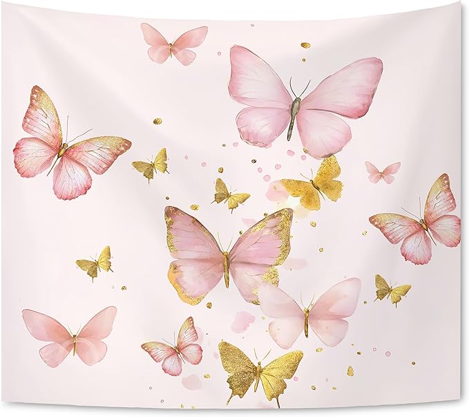 KAIOUS Pink and Gold Butterfly Tapestry, Pink Butterfly Wall Hanging Tapestries for Bedroom Living Room Dorm Girls Room Home Decor 50x58 Inches
