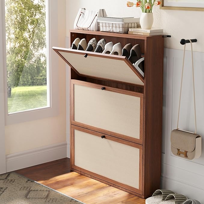 AVZEAR Narrow Shoe Storage Cabinet for Entryway with Natural Linen Panel, Freestanding Slim Shoe Cabinet with 3 Flip Drawers, Wood Shoe Organizer Closed Shoe Rack for Hallway, Living Room(Walnut)