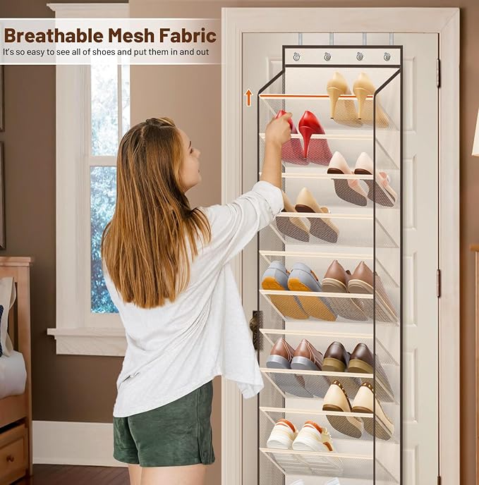 MISSLO 12 Tier Over the Door Shoe Organizer Breathable Mesh Hanging Shoe Rack for Closet Storage Shoe Holder for Door Fit 24 Pairs Sandals, Heels, Boots (Beige)