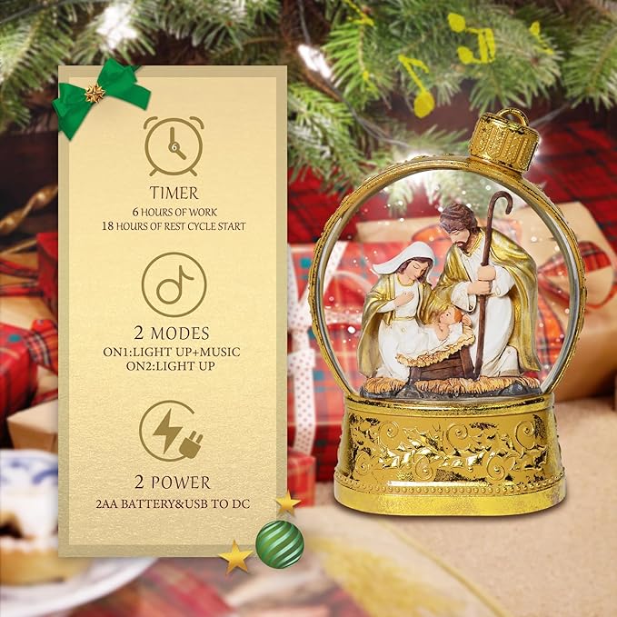 Christmas Snow Globes, 6.7" Nativity Glitter Water Lantern with Song, 6H Timer Battery & USB Powered Music Box for Christmas Decorations Indoor