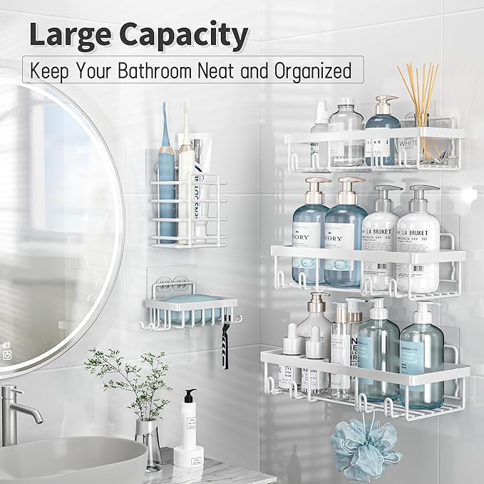 10 Pack Shower Caddy Organizer Rack Shelf for Inside Shower, Self Adhesive Wall Storage Basket Rustproof Stainless Steel Shampoo Holder Bathroom Accessory Decor Set, White