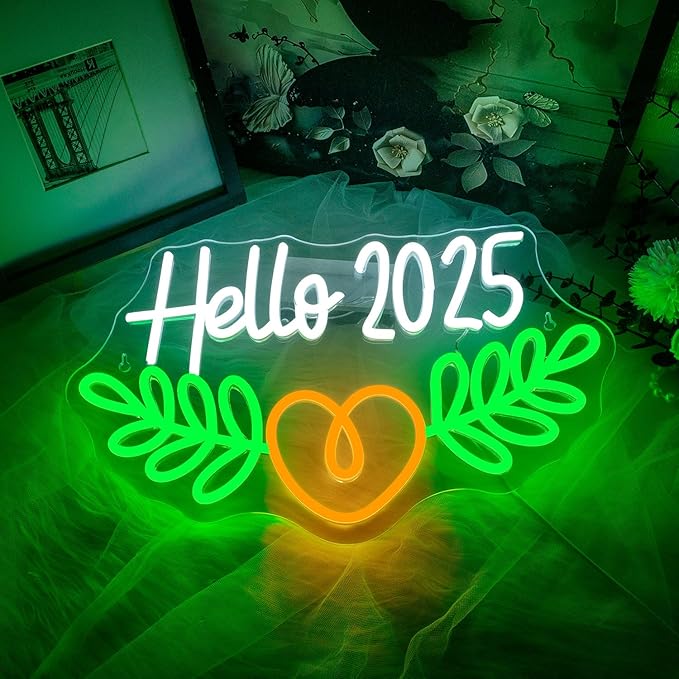 Lucunstar Hello 2025 Neon Sign,Neon Sign 2025,Led Neon Light for Wall Decor,Light Up Sign for Bedroom Decor,Dimmable Switch USB Connectivity Neon Signs for Holiday Party Light,Festival Celebration