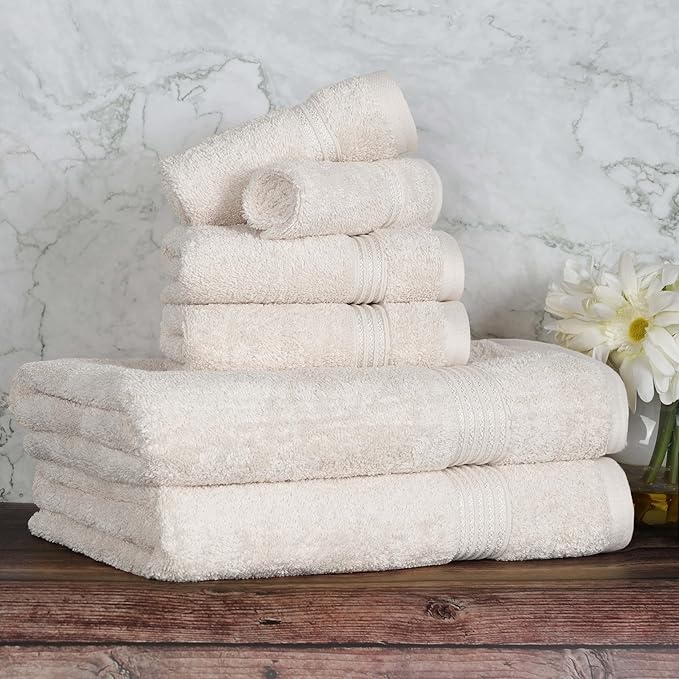 Superior Egyptian Cotton 6-Piece Towel Set, Bathroom Essentials, Towels For Bathroom, Apartment, Airbnb, Guest Bath, Face, Hand, Bath Towels, Washcloths, Absorbent, Fast Drying, Ivory