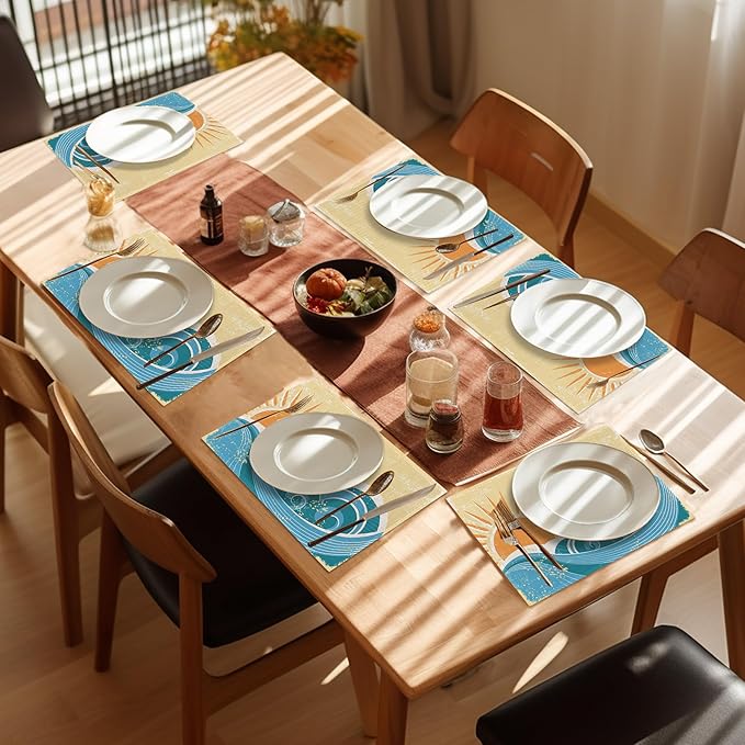Japanese Style Waves Placemats Set of 6,Washable Heat Resistant 12×18 Inch Linen Table Mats Vintage Landscape Place Mats for Party Outdoor Dining Décor