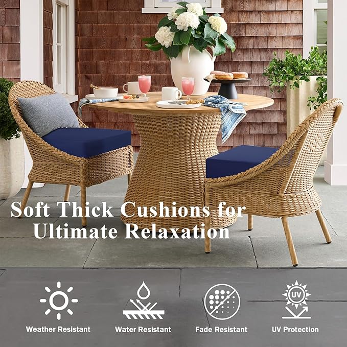 Outdoor Chair Cushions Set of 2, Waterproof Memory Foam Patio Seat Cushions with Ties for Garden Sofa & Dining Furniture, 3-Year Color Fastness, 16x17x2 Inch, Blue