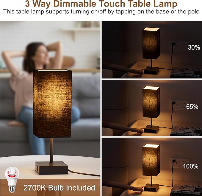 Sailstar Bedside Table Lamps Set of 2, Touch Bedroom Lamp with USB C+A Charging Ports, 3 Way Dimmable Lamps for Night Stands, Small Table Lamp for Bedroom Decor, LED Bulbs Included, Upgraded Black