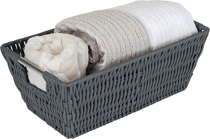 Simplify Small Shelf Rattan Storage Basket | 11.5"x 6.5"x 4.5" | Iron Wire Construction | Carry Handles | Ideal for Home | Dorm | Office | Home Organization | Charcoal