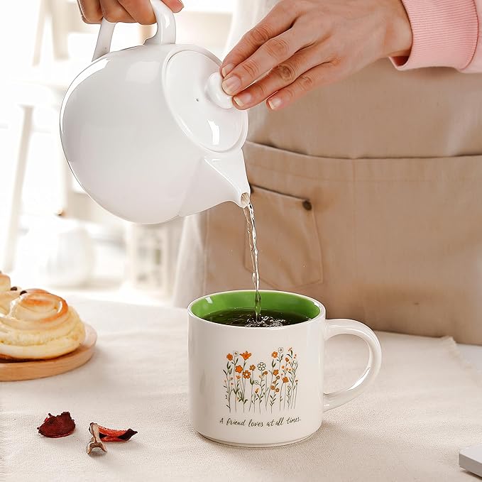 Floral Ceramic Mug 15 OZ (450ml) - Pro 17:17 "A Friend Loves at All Times - Elegant Flower Design - Friendship Gift Coffee Cup - Microwave & Dishwasher Safe - Great for Tea, Cocoa