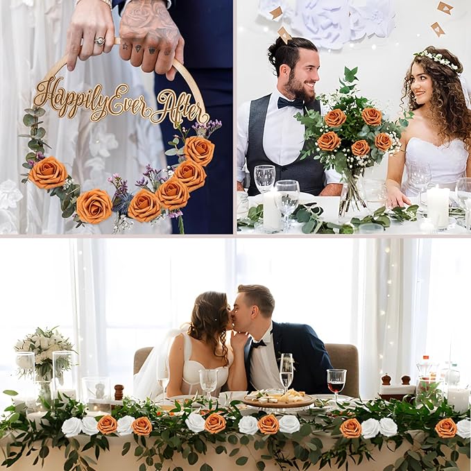 100PCS Artificial Flowers Gold Sparrow Roses Real Looking Foam Fake Roses with Leaves and for DIY Wedding Bouquets Bridal Shower Centerpieces Party Decorations (Gold Sparrow, 100)