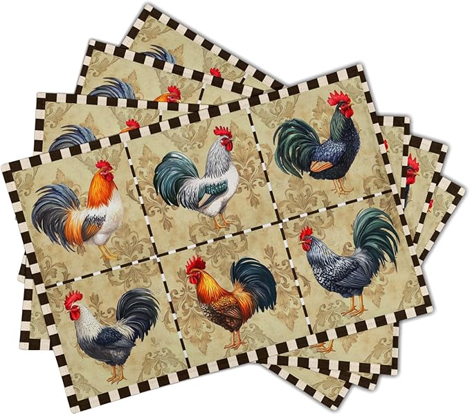 Rooster Placemats Set of 4-12 x 18 Inch Farm Animal Chicken Cotton Linen Table Mat Country Style Buffalo Plaid Decoration Washable Table Place Mats for Kitchen Dining Party