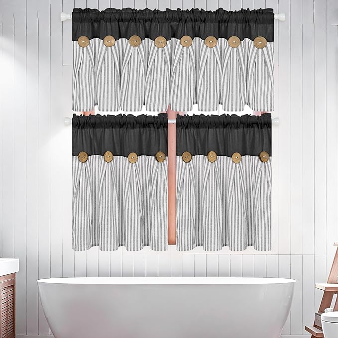 ASPMIZ Cotton Linen Window Treatment Tiers 24 Inch, Boho Rustic Kitchen Curtains Farmhouse, Black with Grey Stripe Half Window Curtain, Country Short Rod Pocket Curtains for Small Window, 2 Panels