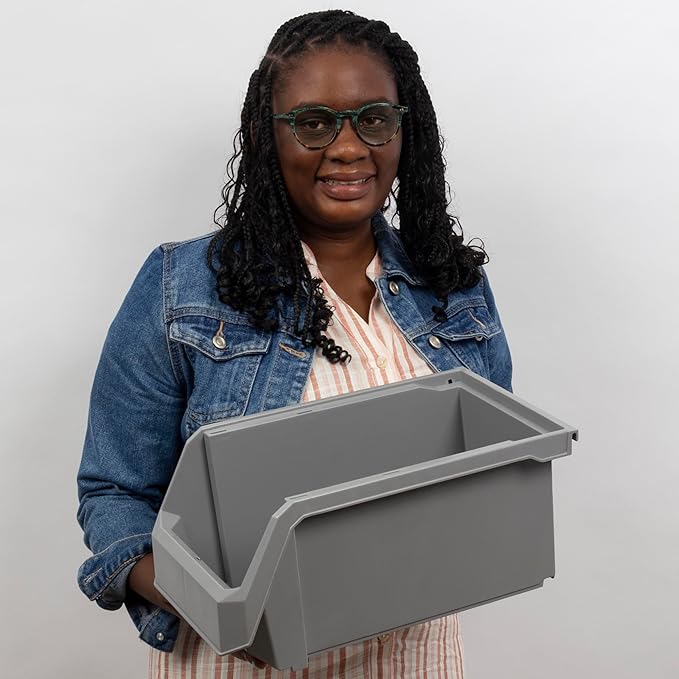 Plastic Containers for Organizing and Storage Bins for Closet, Kitchen, Office, Garage or Pantry Organization, Stackable Bins, Large (14.8" x 8" x 7"), 6-Pack, Grey