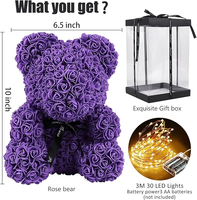RECUTMS Rose Teddy Bear, 10 inch Flower Bears with Lights, Lighted Up Foam Artificial Floral for Valentines Day, Mothers Day Wedding Anniversary Birthday Halloween Home Bedroom Decoration(A-Purple