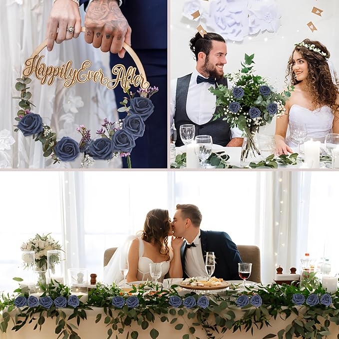 100Pcs Navy Blue Artificial Flowers Roses Real Looking Foam Fake Roses with Leaves and for DIY Wedding Bouquets Bridal Shower Centerpieces Party Decorations (Navy Blue, 100)