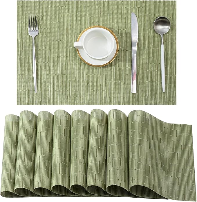 Leetaltree Pea Green Placemats Set of 8 - Heat Resistant Non-Slip Place mats for Dining Table, Washable Durable PVC Vinyl Woven Table Mats(Pea Green, 8)