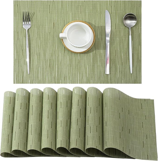 Leetaltree Pea Green Placemats Set of 8 - Heat Resistant Non-Slip Place mats for Dining Table, Washable Durable PVC Vinyl Woven Table Mats(Pea Green, 8)