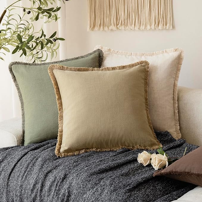 Foindtower Set of 2 Decorative Linen Fringe Throw Pillow Covers Farmhouse Cushion Cover with Tassels Soft Accent Pillowcase for Couch Chair Sofa Bed Living Room Home Decor,18×18 Inch,Light Khaki Taupe