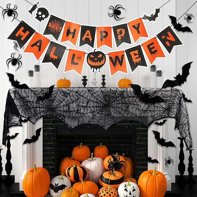 Indoor/Outdoor Halloween Decor Set - Mantel Scarf, Spider Table Runner, 3D Bats & Spiders, Happy Halloween Banner