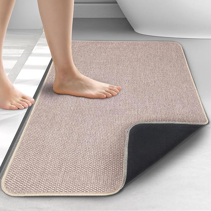 Upgraded Thin Bathroom Rugs, Bath Mat Super Absorbent, Bath Rugs Rubber Backing Non-Slip, Quick Dry Machine Washable, Cozy Cloth Bathroom Mat fit Under Door/Sink/ Bathtub/Shower/Kids 17''x27''-Biege