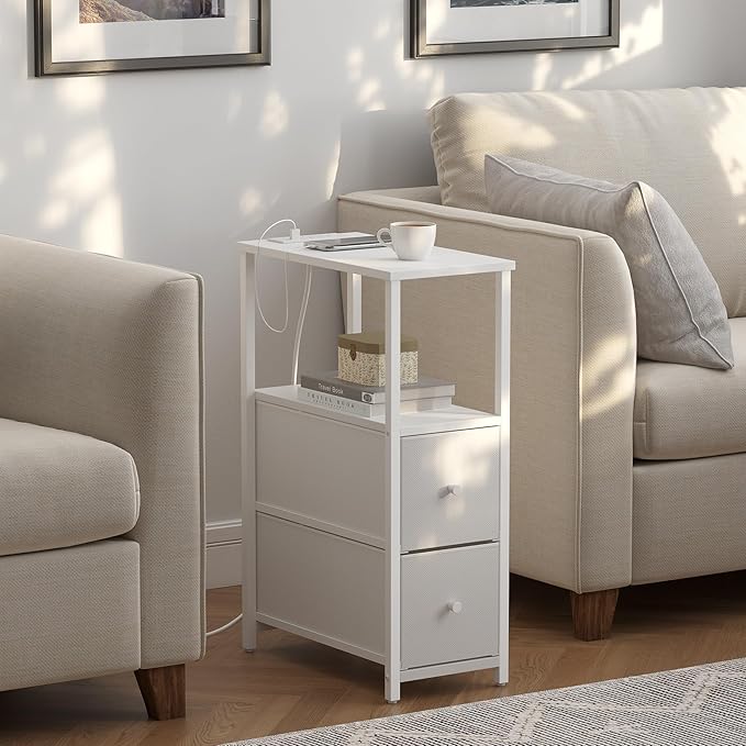 TUTOTAK Small Narrow End Table with Charging Station, Set of 2, Side Table with Outlets, Nightstand with 2 Cloth Drawers, Couch Table, for Living Room, Bedroom, Bedside, White TB01BW055