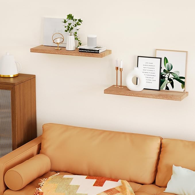 2 Packs Floating Shelves for Wall Storage Nursery Book Display Trinket Trophy Decorative Display Lack Living Room Bedroom Girl Dorm Decor Cute Mounted Shelf Wood Natural Thin Hanging Bookshelf 24 Inch