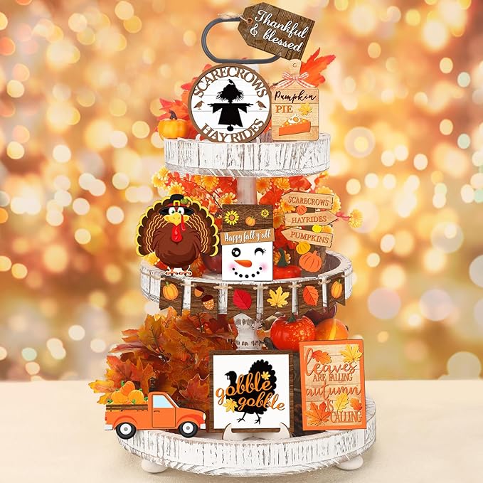 15 Pcs Fall Tiered Tray Decor Set Thanksgiving Fall Pumpkin Home Decorations Rustic Farmhouse Pumpkin Truck Wooden Sign Spice Blocks Autumn Wooden Sign for Festival Gift Tabletop