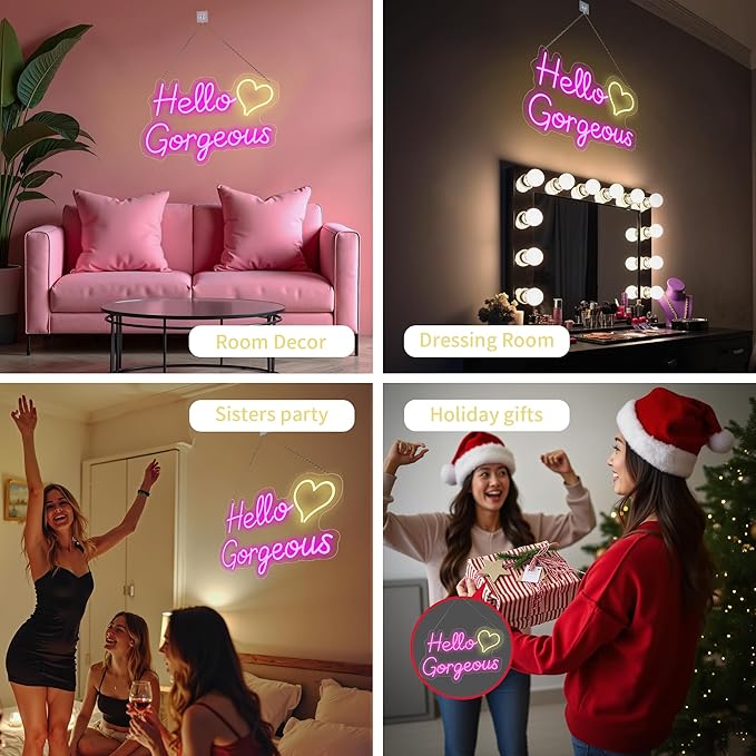 Hello Gorgeous Neon Signs for Wall Decor, for Sign with Dimmable Switch - for Girls Bedroom, Makeup Room Decor Home Wedding Birthday Backdrop (Pink,16in)