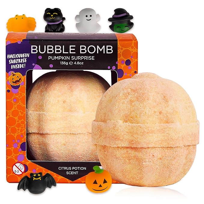 Halloween Bath Bomb for Kids with Surprise Toys Inside - Large Pumpkin Spooky Bombs for Boys & Girls – Made in USA, Boo Basket Stuffers for Teens by Two Sisters