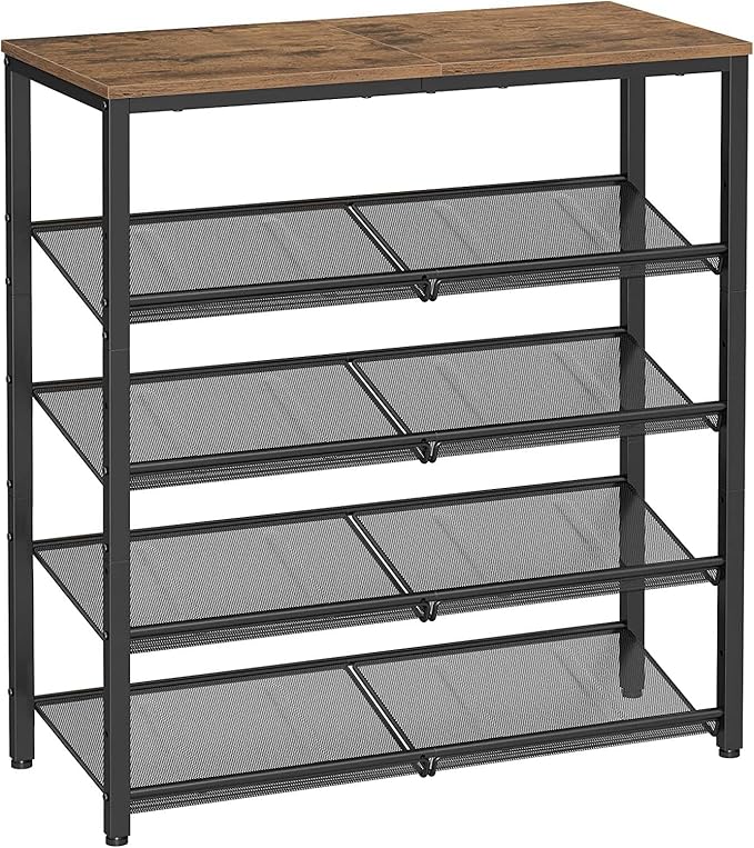 VASAGLE Shoe Rack for Entryway, 5-Tier Shoe Rack Organizer with Storage Shelves and Spacious Top, Freestanding, Adjustable, Industrial, Honey Brown and Ink Black ULBS038K01