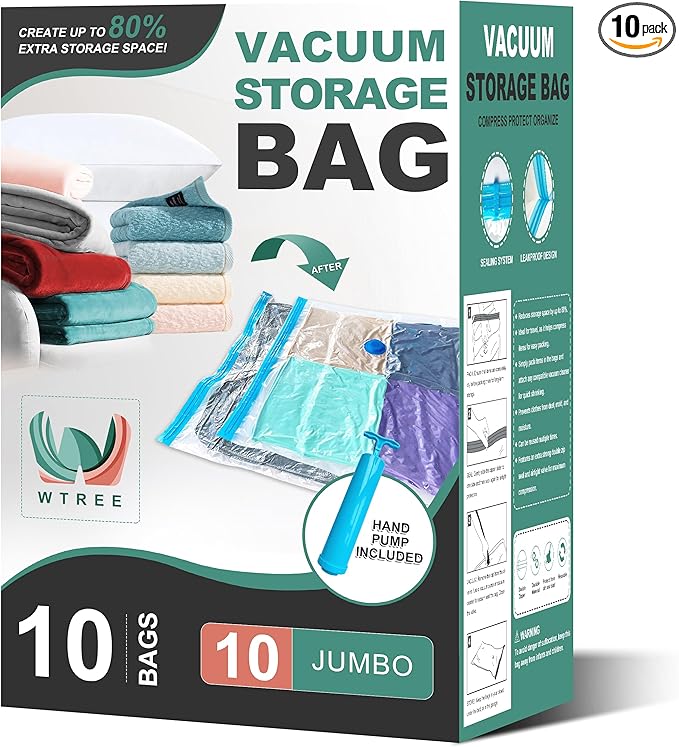 Vacuum Storage Bags, Space Saver Bags, Vacuum Sealed Bags for Comforters, Blankets, Clothes Storage, Hand Pump Included, 10-Jumbo