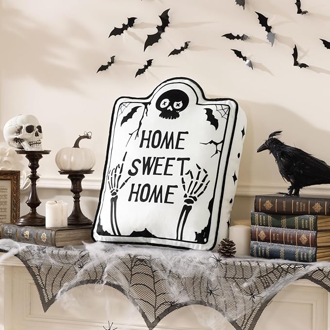 Phantoscope Happy Halloween Shaped Throw Pillow, Tombstone Shaped Pillow with Piping, 3D Soft Velvet Skull Halloween Pillow Decorative Cushion Pillow for Couch, White, 18 x 13.5 inch