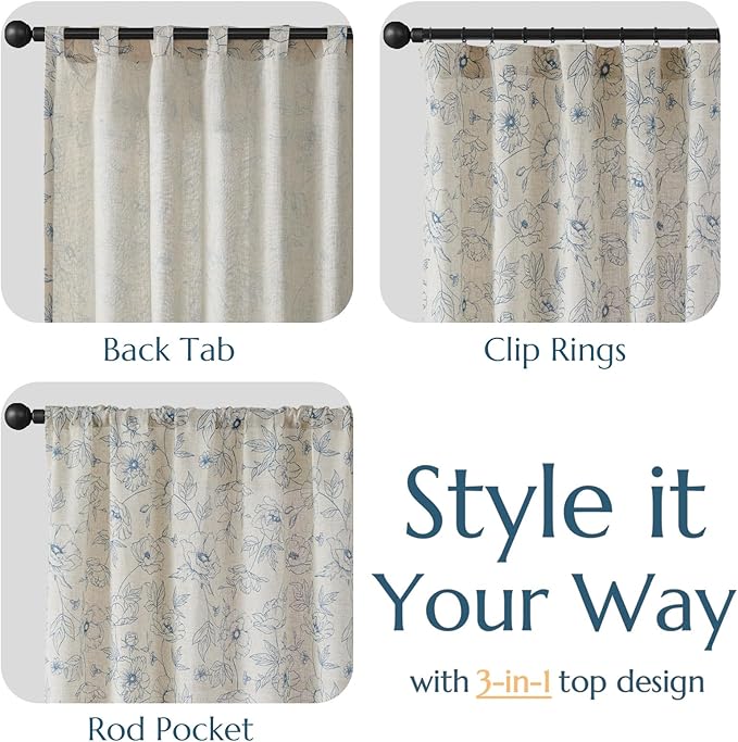 jinchan Floral Linen Curtains for Living Room 96 Inch Length Blue Flower Curtain Rod Pocket Back Tab Farmhouse Curtains with Printed Floral Bedroom Window Curtain Set, 2 Panels Blue