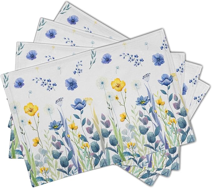 Watercolor Floral Placemats Set of 4 Blue Yellow Poppy Flowers Washable Non-Slip Heat Resistant 12×18 Inch Spring Summer Seasonal Linen Fabric Table Mats for Kitchen Dining Table