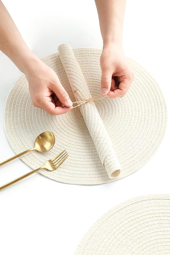 Floroom 15 Inch Round Braided Placemats Set of 4, Washable Heat Resistant Cotton Polyester Circle Place Mats for Kitchen Dining Table - Ivory Cream