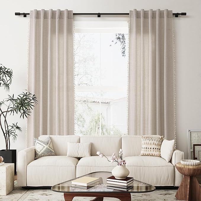 Apricot Boho Curtains 96 Inches Long 2 Pannels for Bedroom Linen Blend Textured Semi Sheer Light Filtering Pivacy Window Curtains Back Tab Rustic Farmhouse Curtain for Living Room 38x96