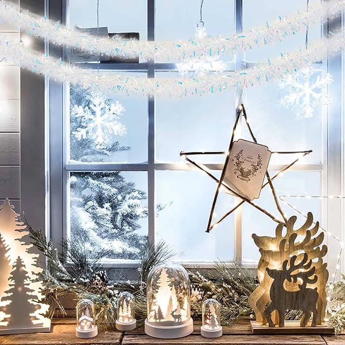 26.2 Feet Iridescent White Holiday Tinsel Garland for Christmas, Birthday, Weddings, Party Decorations, Xmas Foil Tinsel Garland for All-Season Home Indoor Outdoor Party Supplies(Iridescent White)