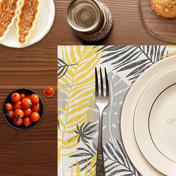 Yellow Gray Leaves Placemats Set of 6,Washable Heat Resistant 12×18 Inch Linen Table Mats Summer Floral Place Mats for Party Outdoor Dining Décor