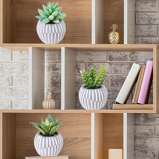 Winlyn Set of 3 Artificial Succulents Plants in Mini Gray and White Geometric Cement Pots Faux Potted Plants Aloe Pachyphytum Succulent Donkey Tail Small Plant for Home Office Table Shelf