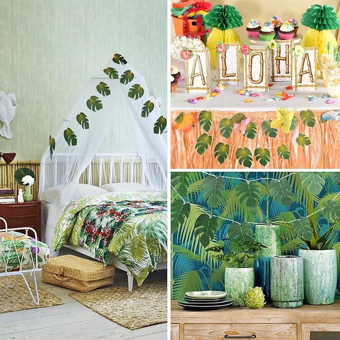 RECUTMS Monstera Leaf String Lights 2 Pack, 20LED Tropical Artificial Rattan Palm Green Leaves Wall Hanging Vine Greenery,Outdoor Indoor Hawaiian Luau Jungle Safari Beach Theme Party Summer Decoration