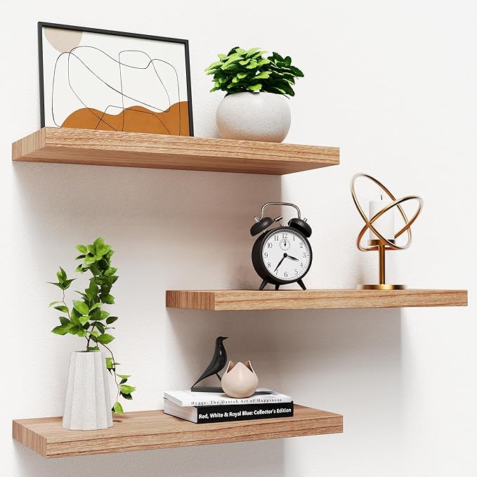 Greenual 3 Packs Floating Shelves, Nature Wood Wall Shelf, 16" Mounted for Kitchen, Living Room, Bedroom, Bathroom Storage, Book Shelf for Home Decor, Frame Display