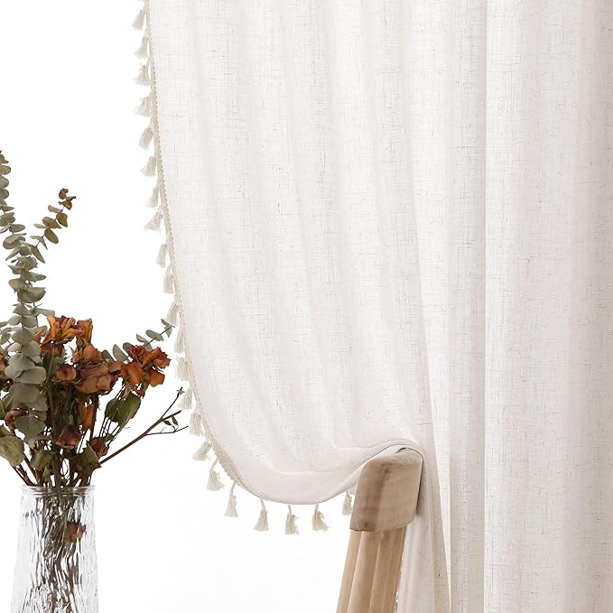 Cream Beige Boho Linen Curtains 96 Inches Long 2 Panels Semi Sheer Curtains Tassel Rod Pocket Back Tab Top Light Filtering Neutral Farmhouse Curtain for Living Room Bedroom 52x96
