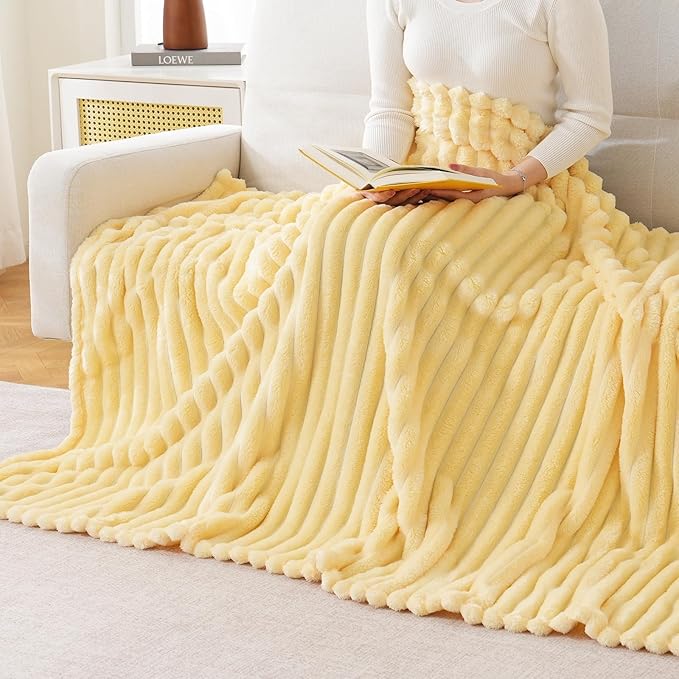Bnuitland Super Soft Flannel Throw Blanket, 3D Striped Jacquard Fluffy Blanket for Bed,Sofa,Couch,Home Decor, 300GSM Fleece Lightweight Cozy Throw for Adults and Kids, 50X70 inches Light Yellow