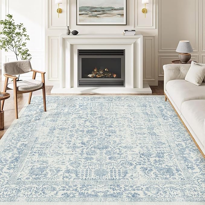 Blue Area Rug 5x7 Machine Washable Vintage Living Room Distressed Non Slip Carpet Traditional Indoor Bedroom Retro Floral Accent Throw Large Rug Office Kitchen Bathroom Dining Room
