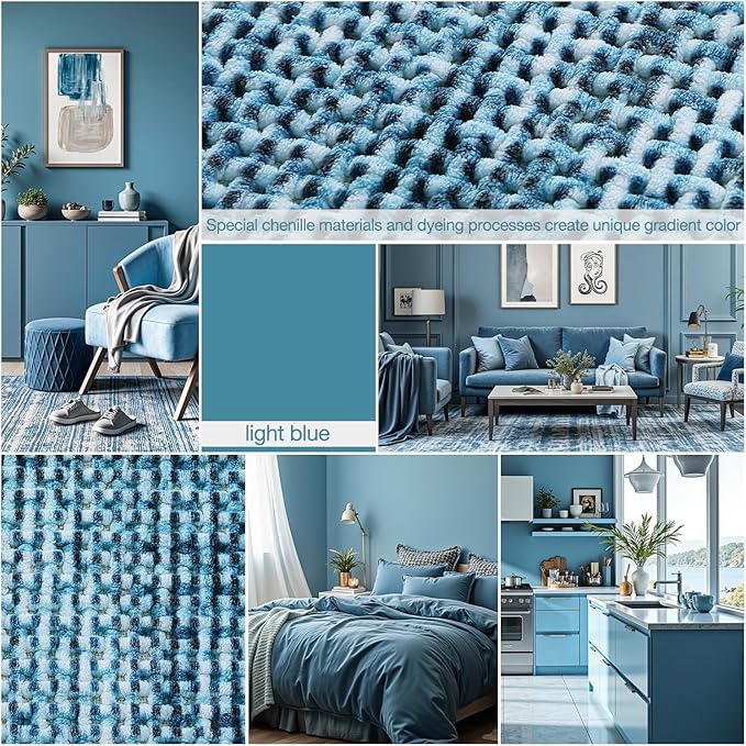 LUMI Chenille Bathroom Rugs, 16"x24" Extra Soft Non Slip Absorbent Bath Rugs, Washable Bath Mats for Bathroom Floor Tub and Shower, Blue