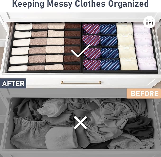 Joyoldelf Drawer Organizer 2 Pack - 40 Cell Closet Organizer for Socks, Underwear, Ties & More (Black)