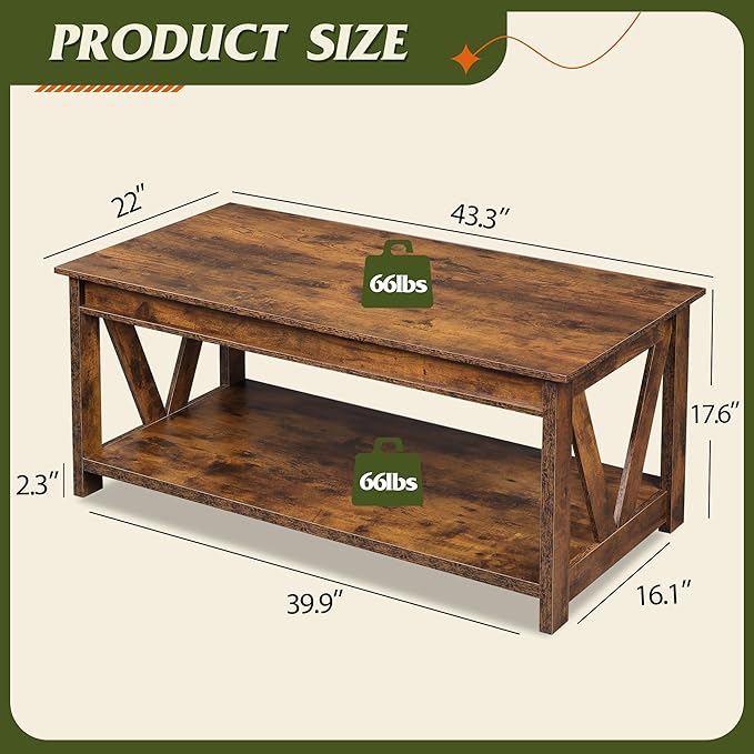 WLIVE Coffee Table, 43" Farmhouse Coffee Table with Storage Shelf & Sturdy V-Shaped Support, Wood Center Table for Living Room, Bedroom, Office and Balcony, Rustic Brown